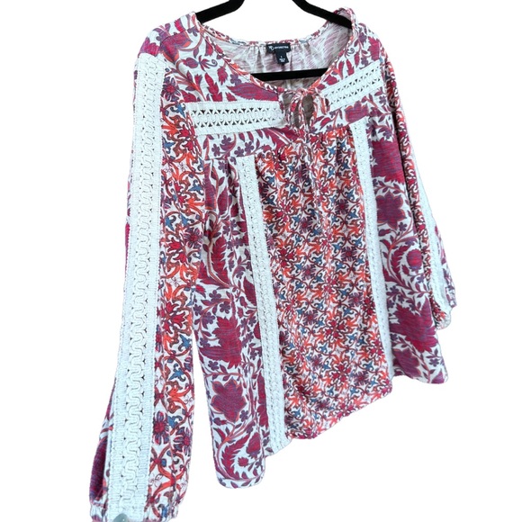 New Directions Boho Red & Beige 100% Cotton Tunic Top Floral Long Sleeve Blouse - Picture 4 of 5